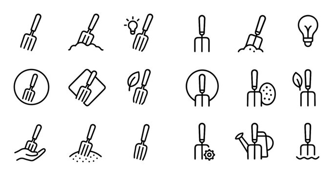 Gardening icons with fork spade soil outline