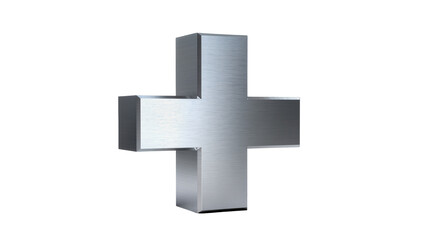 Obraz premium Brushed metal 3D plus sign, a metallic mathematical or medical symbol isolated on transparent background, for graphic design elements PNG