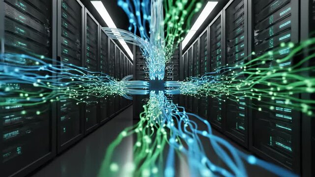 Energy Efficient Data Center Network with Glowing Data Streams 4K Animation
