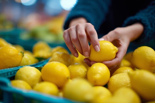 Close-up of hands choosing ripe lemons in a vibrant market setting, highlighting freshness and quality produce selection.