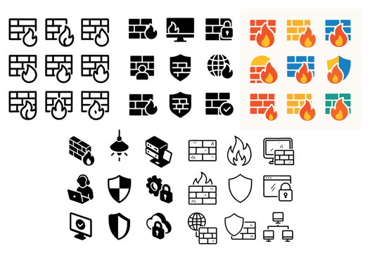 Network security icons with brick flame shield bold