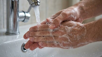Fototapeta premium Washing Hands with Soap and Water Under Faucet in Bathroom Sink