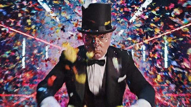 Elderly man in tuxedo riding tricycle with colorful confetti explosion in vibrant neon light background