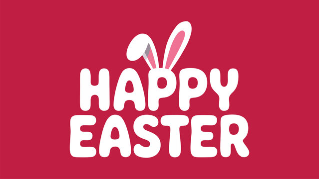 Happy Easter greeting card with cute white bunny ears silhouette on red background, festive holiday typography design for spring celebration.