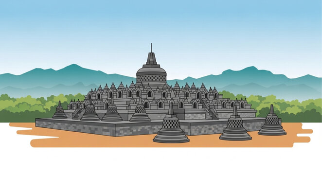 Borobudur Temple Illustration - A Detailed View of the Ancient Buddhist Monument.