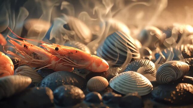 Shrimp on hot rocks with smoke.