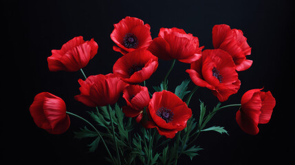 Obraz premium A beautiful and vibrant bouquet of red poppy flowers with delicate petals and lush green leaves is artistically arranged against a stark black background creating a striking