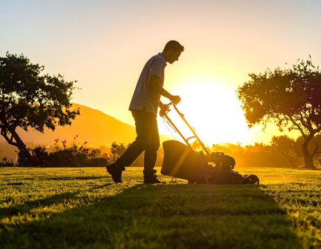 Man mows lawn against the golden sunset; idyllic scene