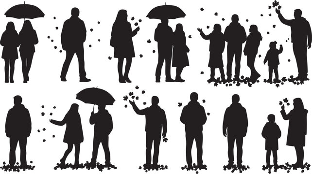 Silhouettes of people in various poses with umbrellas outside