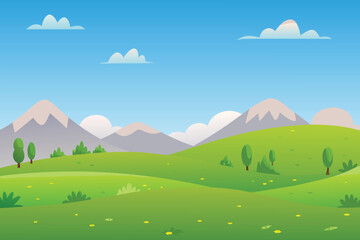 Fototapeta premium A vibrant cartoon landscape featuring mountains hills and a clear sky