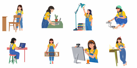 Fototapeta premium Collection of illustrations showing a young girl engaged in various activities like coding, digital art, and studying at home using technology.