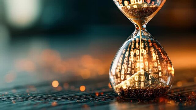 Hourglass with flowing golden sand and binary code reflections, capturing the passage of time in a visually striking, illuminated setting