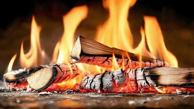 Flames dance around burning logs, creating a warm glow in a cozy fireplace setting with glowing embers and crackling wood