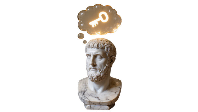 Classical marble bust of an ancient Greek philosopher, isolated PNG with a glowing key in a thought bubble, symbolizing wisdom and solutions