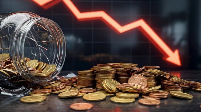Collapsing jar spilling coins with a downward red arrow graph