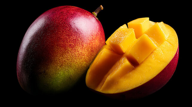 A mango and a cut mango on a black background