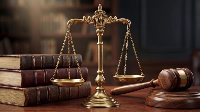 Vintage scales of justice and gavel with books in library