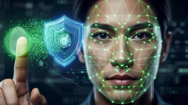 Man's face scanned with facial recognition and fingerprint authentication
