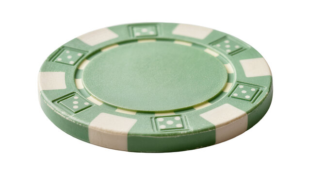 Single green poker chip with white stripes and dice patterns, isolated on transparent background, casino game element PNG