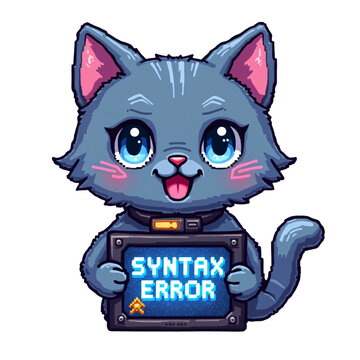 Retro Pixel Art Cyber Cat Holding &ldquo;Syntax Error&rdquo; Holographic Sign &mdash; Futuristic Glitch Kitten with Circuit Ear and Data Jack Collar Isolated on Transparent Background for Gaming, Tech Humor, and Nerd C