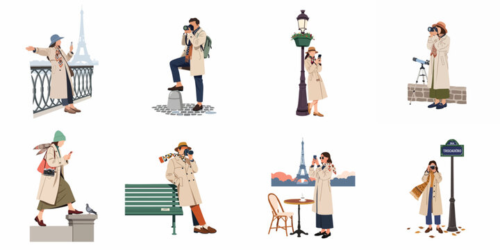 Collection of stylish tourists exploring Paris landmarks, taking photos, and enjoying the city in classic trench coats and autumn fashion.