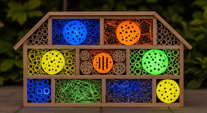 Vibrant Illuminated DIY Insect Hotel, multi-compartment glowing with colorful LEDs, promoting garden biodiversity, crafted from natural wood and bambo