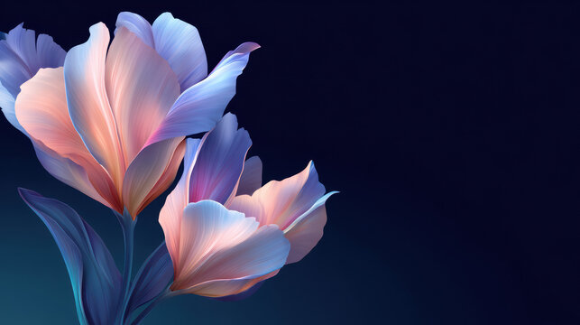 Two iridescent flowers with delicate petals bloom against a dark blue backdrop, creating a dreamlike, ethereal effect in this digitally rendered artwork.
