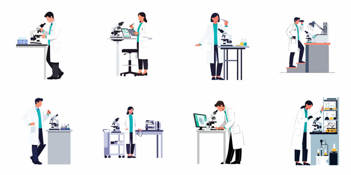 Flat vector illustration set of diverse scientists performing various research and experiments using microscopes and digital technology in a laboratory setting.