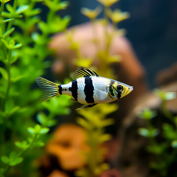 A zebra danio swimming in a planted tank