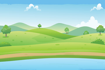 Obraz premium A vibrant cartoon landscape with rolling green hills and blue sky