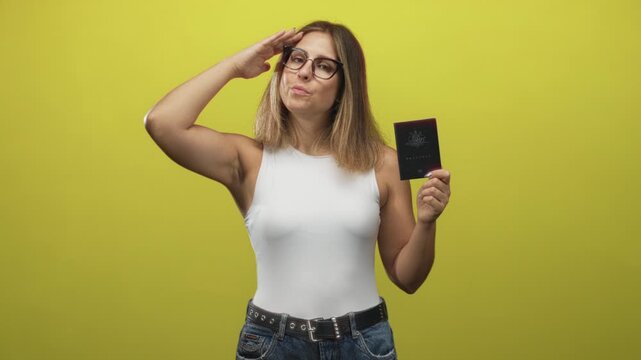 Young hispanic woman in white tank top salutes with right hand while holding an australian passport up in a studio with yellow backdrop; pride empowerment.