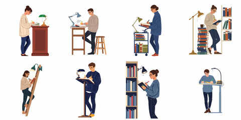 Flat vector illustrations of students and scholars reading books and taking notes while standing at various desks and bookshelves in a library setting. © Sri