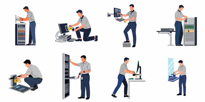 Set of flat illustrations showing a technician implementing lockout-tagout procedures on server racks and industrial control panels for safety and maintenance.