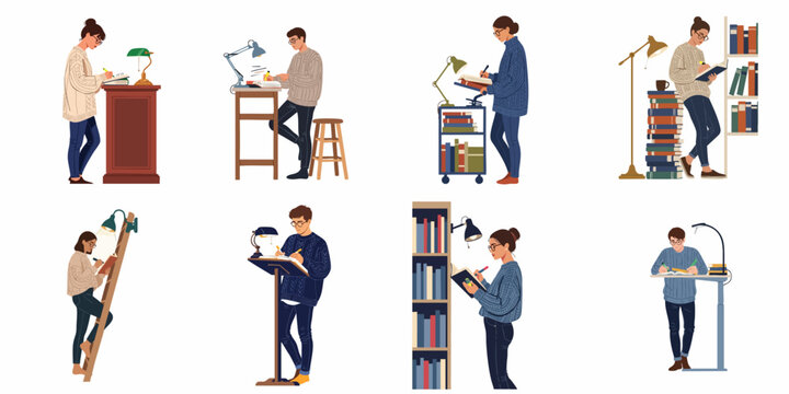 Flat vector illustrations of students and scholars reading books and taking notes while standing at various desks and bookshelves in a library setting.