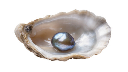Luxurious dark iridescent pearl nestled within an open oyster shell, isolated on a transparent background, a symbol of ocean beauty PNG © Hugo