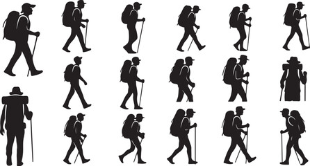 Fototapeta premium Hiking Silhouettes of People Walking with Backpacks and Sticks