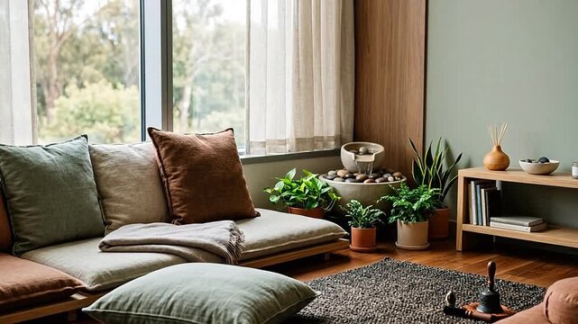 Serene meditation and wellness corner in a corporate building with soft floor cushions, an indoor water feature, and earthy brown colors.
