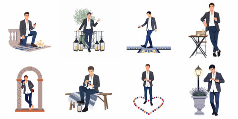 Fototapeta premium Set of vector illustrations featuring a man in a suit preparing and proposing with an engagement ring in various romantic settings.
