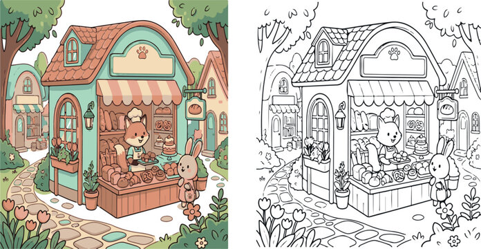 cute bakery shop with bread display jungle animal cartoon vector illustration clipart and lineart for children coloring book