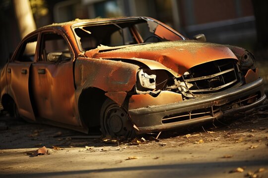 Derelict orange vehicle demonstrating damage and neglect after an accident