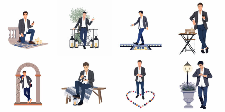 Set of vector illustrations featuring a man in a suit preparing and proposing with an engagement ring in various romantic settings.