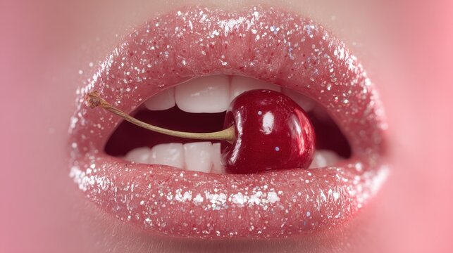 Bright lips hold cherry showing close-up of mouth with shiny gloss in soft lighting and bright colors in background