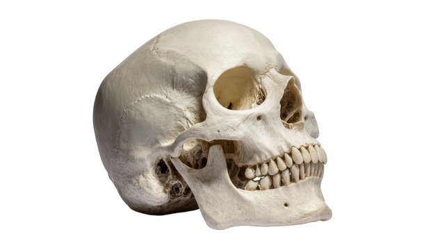 Detailed human skull, side profile view, showcasing anatomical bone structure and teeth, isolated, medical and educational study PNG