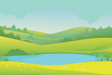 Obraz premium A serene landscape featuring rolling green hills and a small pond