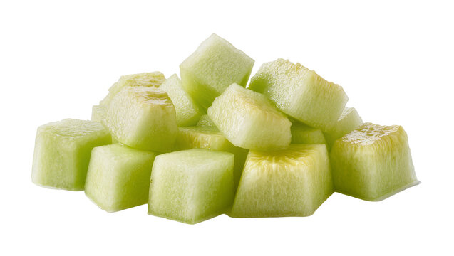 Freshly cut honeydew melon cubes, a vibrant pile of juicy green fruit pieces isolated on transparent background, healthy snack PNG