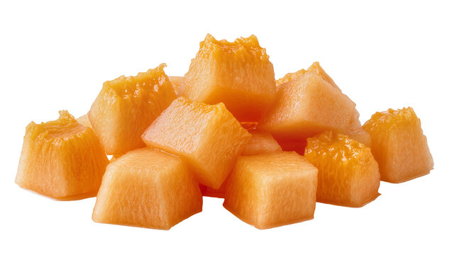 Pile of fresh, juicy orange cantaloupe fruit chunks, perfectly cut into cubes and naturally isolated, healthy sweet snack PNG