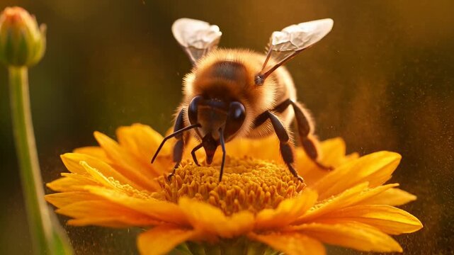 Bee pollinating vibrant flower with pollen explosion