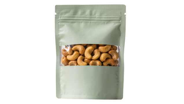 Light green matte stand-up pouch with a clear window, filled with delicious roasted cashew nuts, isolated PNG on transparent background for snack packaging design