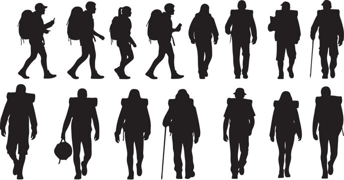 Silhouettes of people walking in various poses and actions