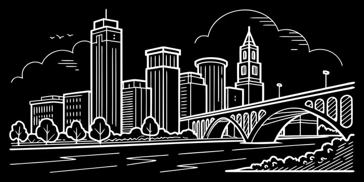 USA, US, U.S, United States - Minneapolis skyline simple line art svg minimal river reflections 
